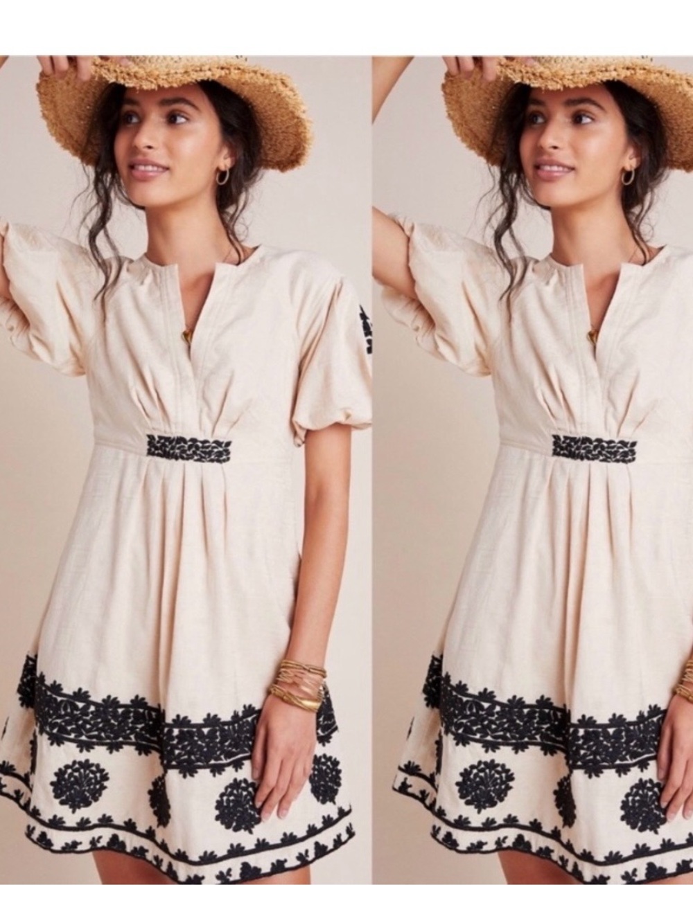 Anthropologie Cream Mini Dress with Black Floral Embroidery